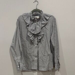 J. Crew Black and White Striped Ruffle Shirt